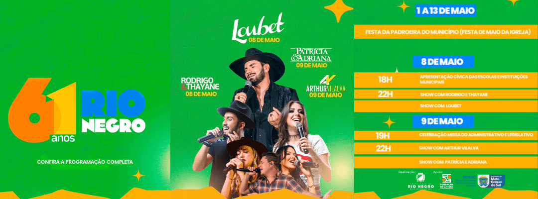 Rio Negro celebra 61 anos com fé e shows de Loubet e Patrícia & Adriana na programação