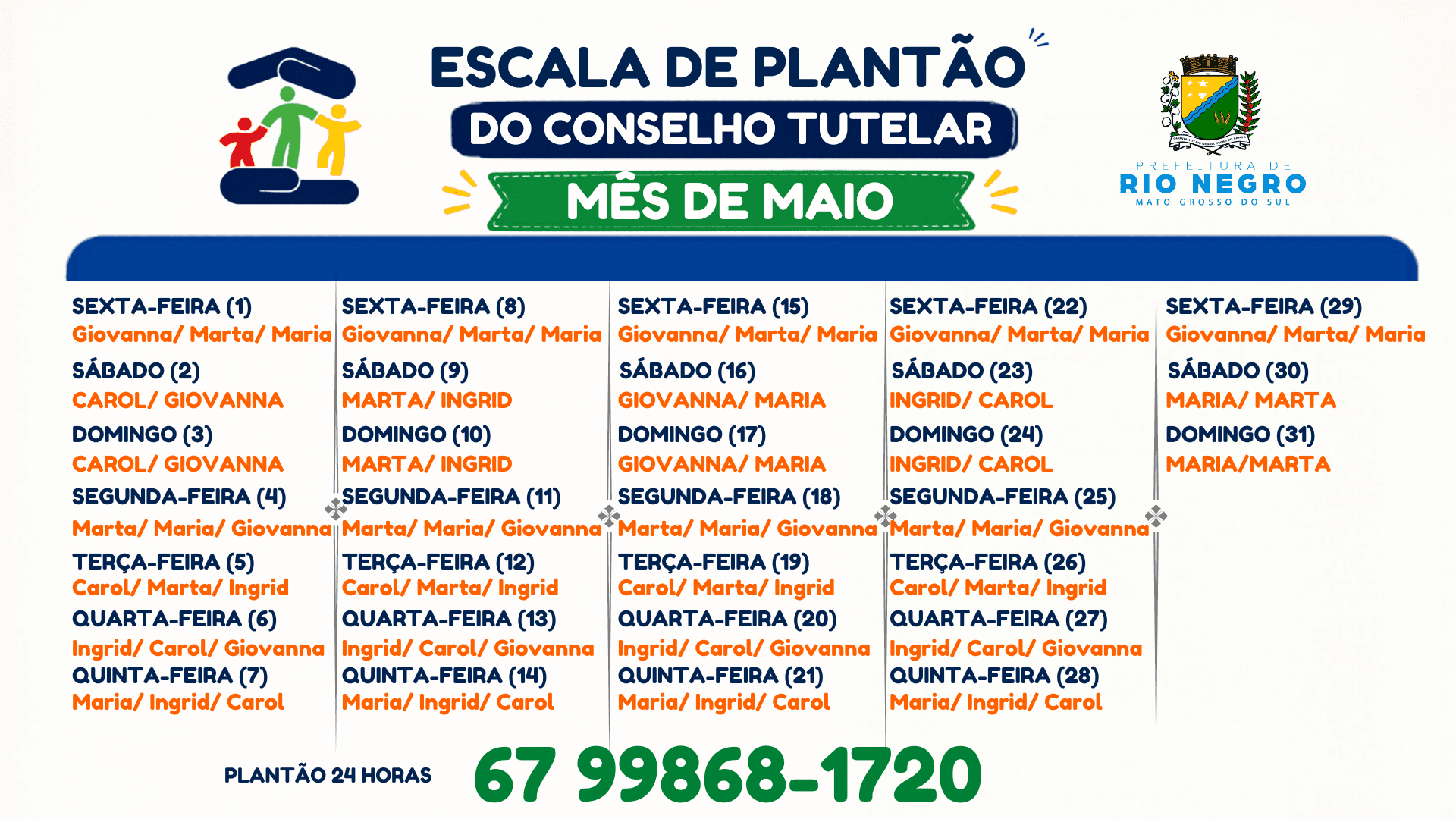 Conselho Tutelar divulga escala de plantão para o mês de maio em Rio Negro