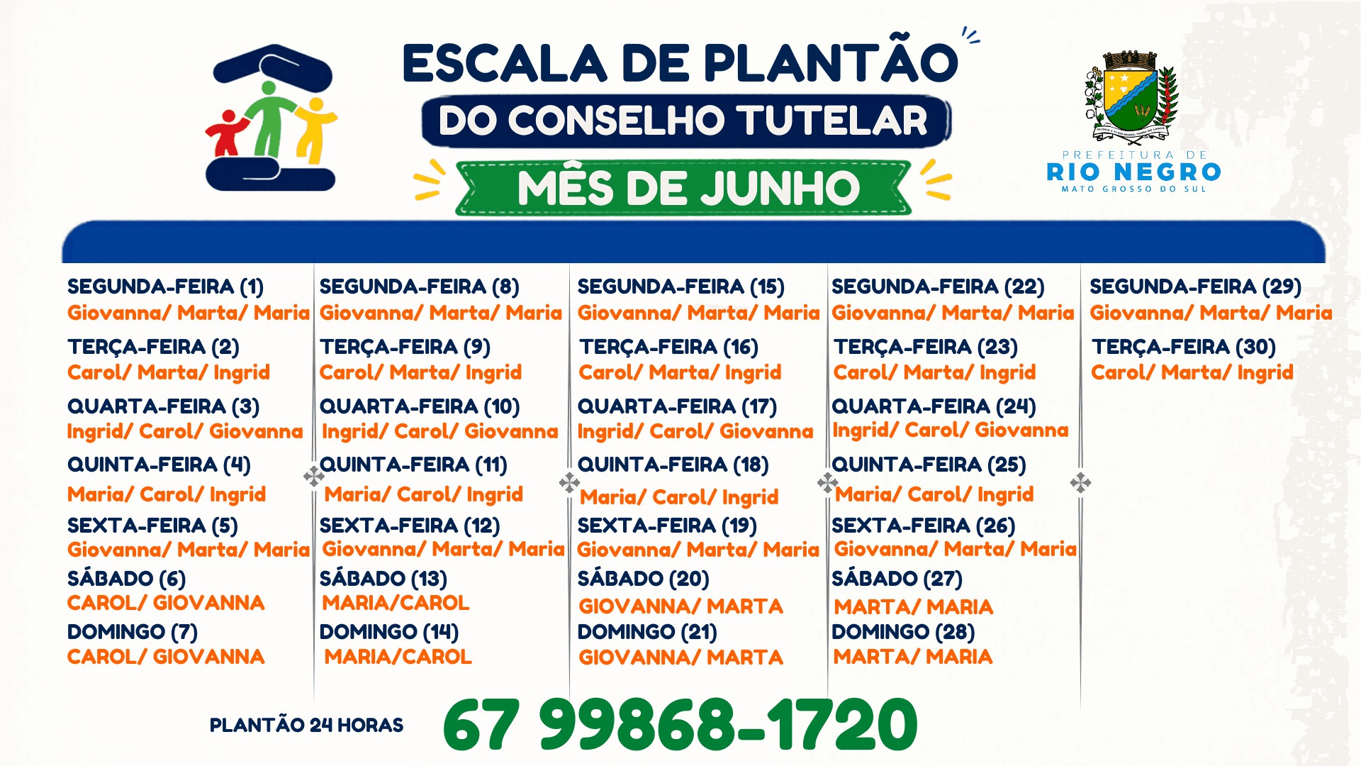 Conselho Tutelar divulga escala de plantão para o mês de junho em Rio Negro
