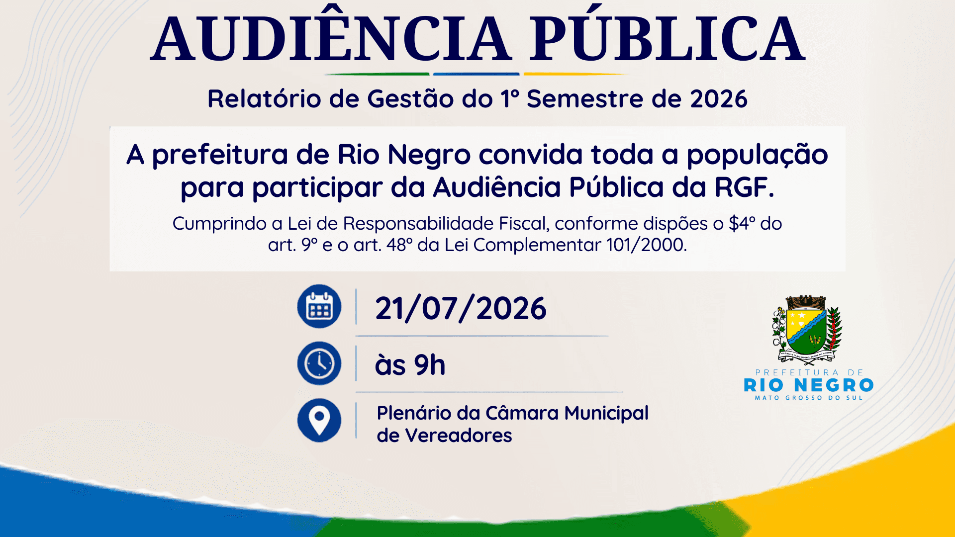 Audiência Pública apresentará Relatório de Gestão Fiscal do 1º Semestre de 2026