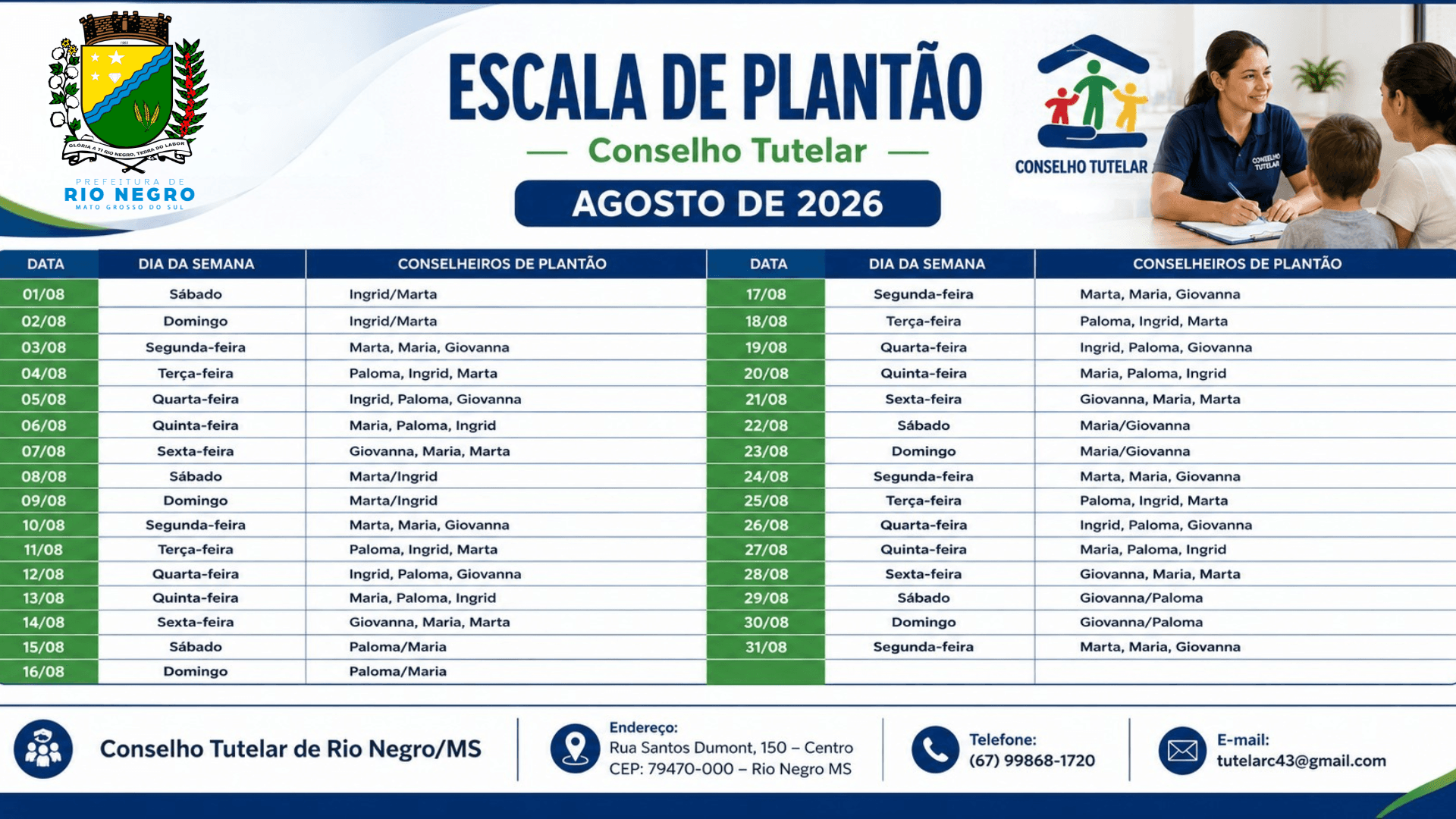 Escala de Plantão do Conselho Tutelar referente ao mês de agosto