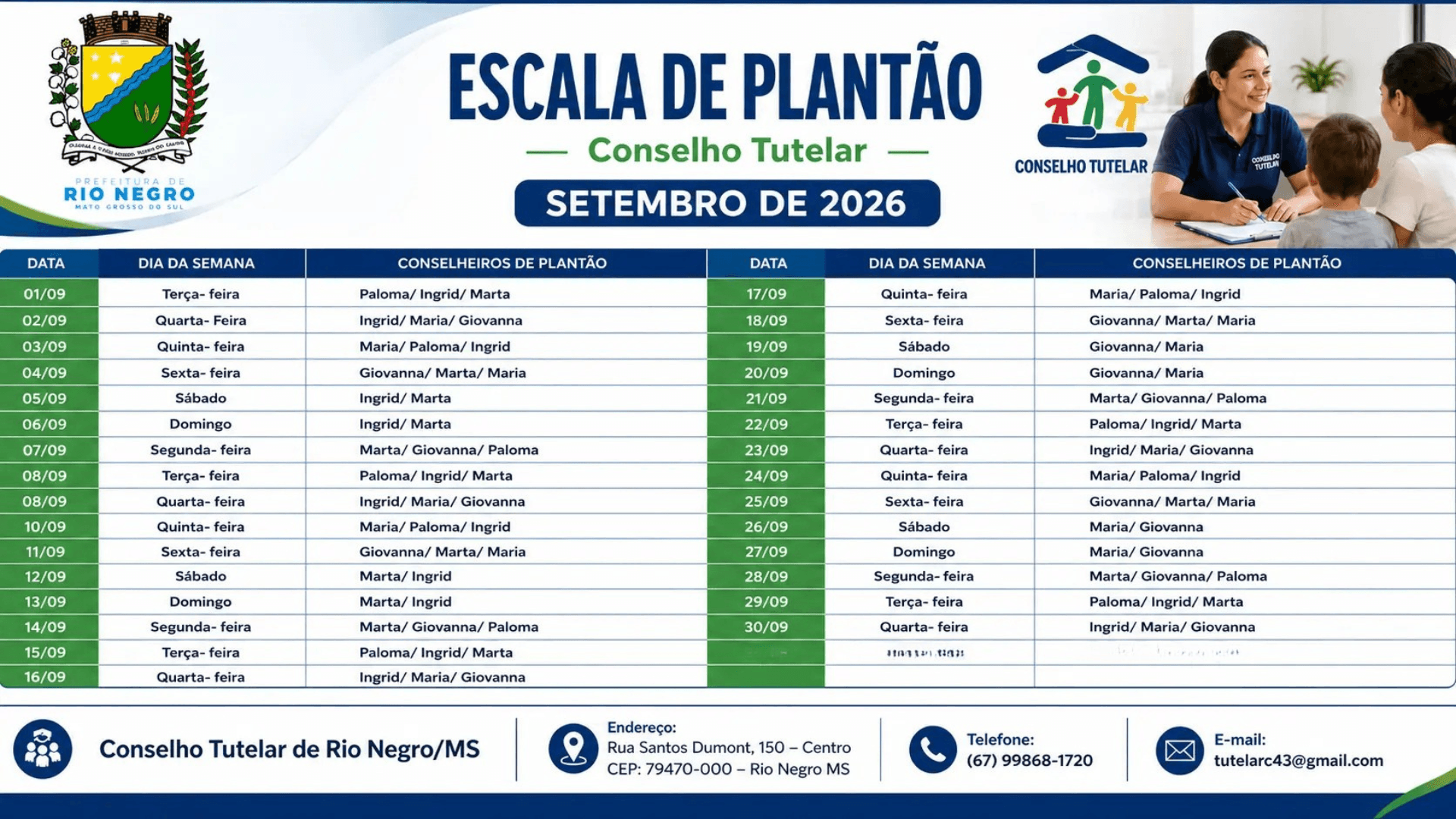 Escala de Plantão do Conselho Tutelar referente ao mês de setembro