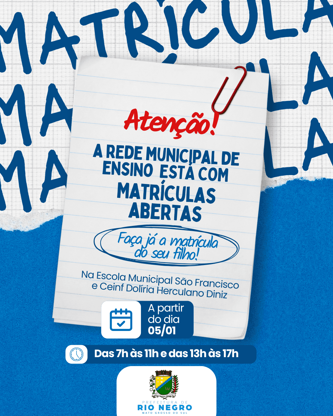 Prefeitura de Rio Negro abre matrículas para o ano letivo de 2026